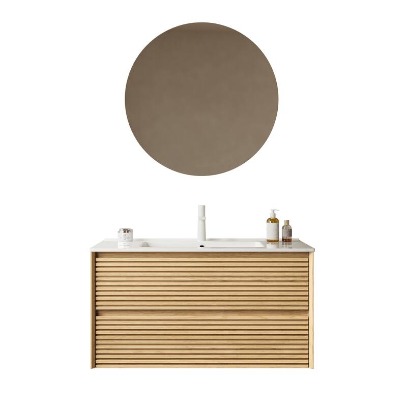 Minimalist Wall Floating Bathroom Vanity Horizontal Stripe Storage Cabinet with Integrated Sink and 2 Soft Close Drawers