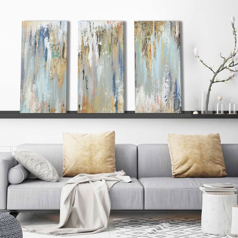 "Blue Gold Illusion" 3 Piece Set on Canvas