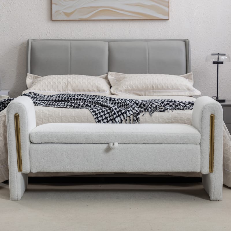 53" Storage Bench, Teddy Fabric Entryway Bench Upholstered Ottoman Bench with Gold Metal Trim Strip for Bedroom - Ivory