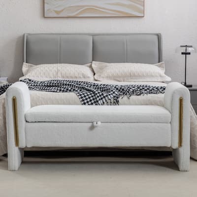 53" Storage Bench, Teddy Fabric Entryway Bench Upholstered Ottoman Bench with Gold Metal Trim Strip for Bedroom