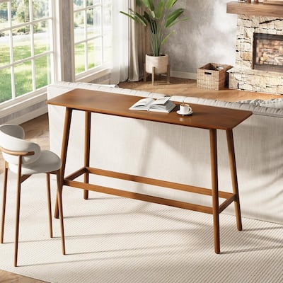 63-Inch Brown MDF Bar Table, Rectangular Pub Table with Solid Wood Legs