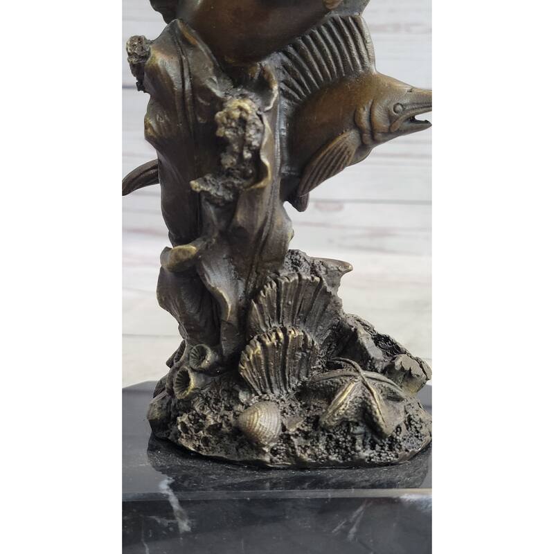Marlins Sailfish Swordfish Jumping Out Of Ocean Bronze Sculpture Statue Decor On Marble Base