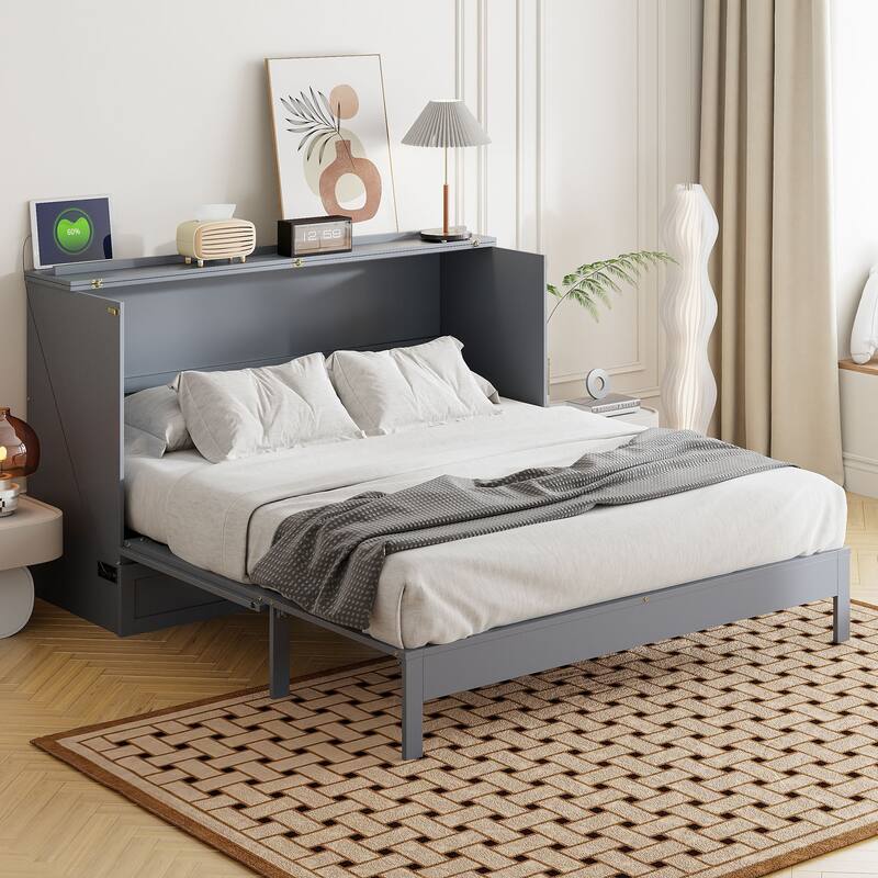 Queen Size Murphy Bed with Large Storage Drawers, USB Charging Port, and Space-Saving Design for Small Rooms