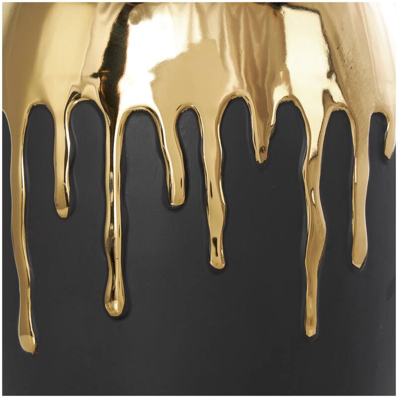 CosmoLiving by Cosmopolitan Black Ceramic Decorative Vase with Abstract Gold Melting Drips - 9 x 9 x 13