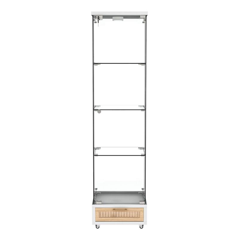 Glass Display Cabinet With Drawer,Cabinet With Led Lights,Tempered Glass Bookshelf, 1-Door Storage Case With 4 Shelves