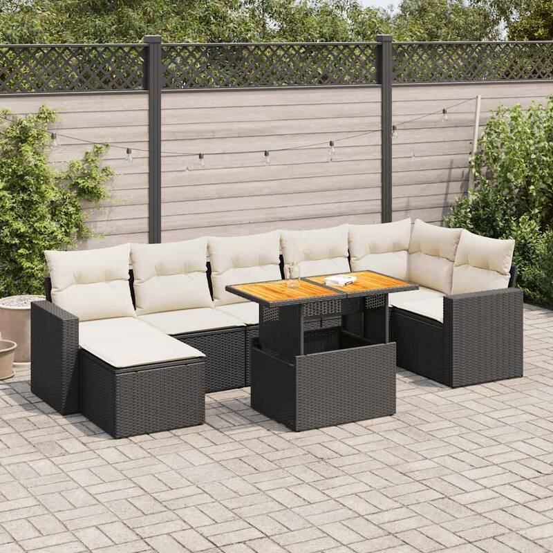 vidaXL Patio Sofa Set with Cushions Outdoor Lounge Set 8 Piece Poly Rattan - 21.7 x 39.4 x 28.7 - Black and cream