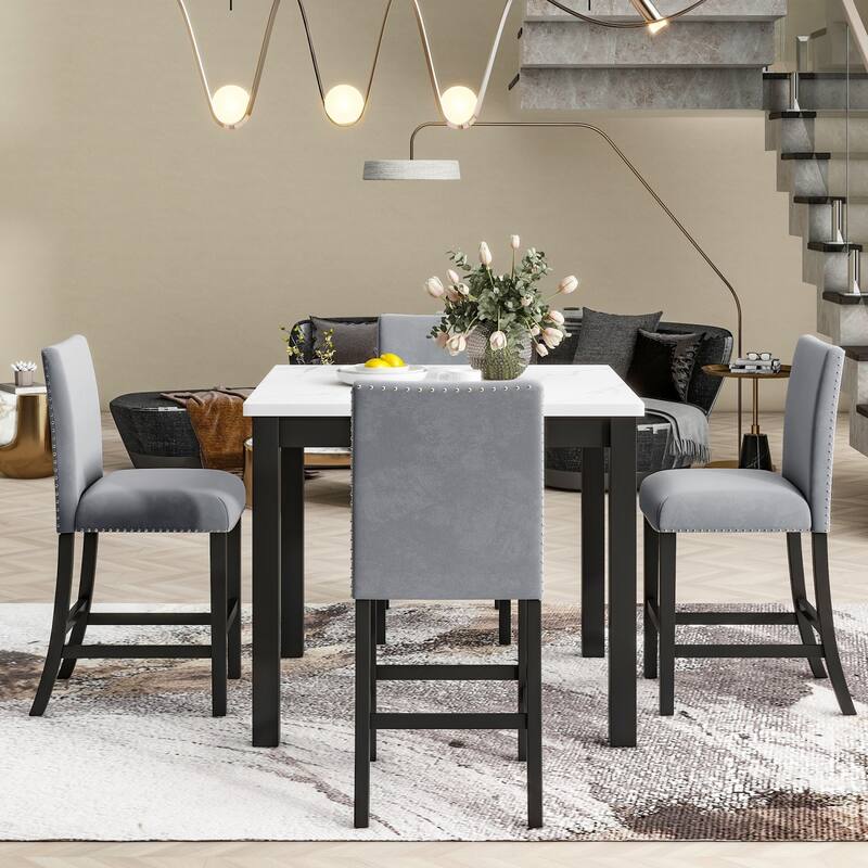 35" Faux Marble Top Dining Table and 4 Velvet Chairs, 5-Piece Dining Set