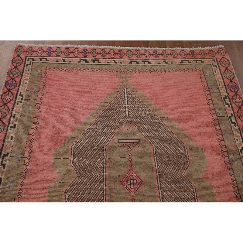 Pink Geometric Sirjan Persian Runner Rug Vintage Handmade Wool Carpet - 3'4" x 12'3"