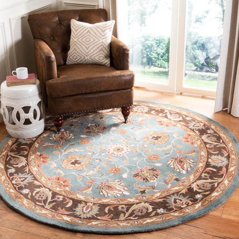 SAFAVIEH Handmade Heritage Full Bloom Traditional Oriental Wool Rug - 8' x 8' Round - Blue/Brown