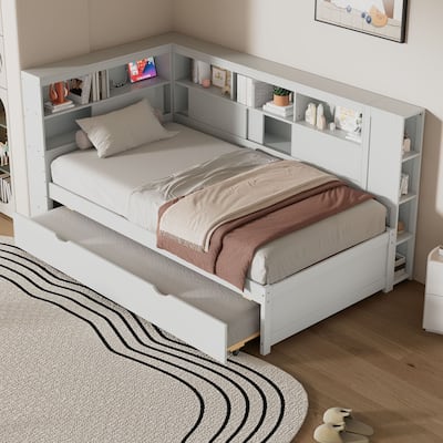 Twin Size Solid Wood Daybed with Built-in Storage Shelves and USB, L-shaped Storage Bed Frame, Pull-out Trundle Bed for Bedroom