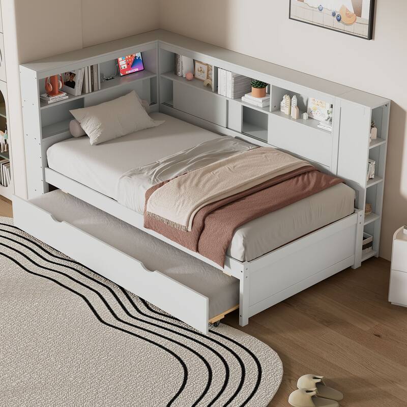 Twin Size Wood Daybed with Storage Shelves, Built-In USB Charging Station, and Trundle for Extra Sleeping Space
