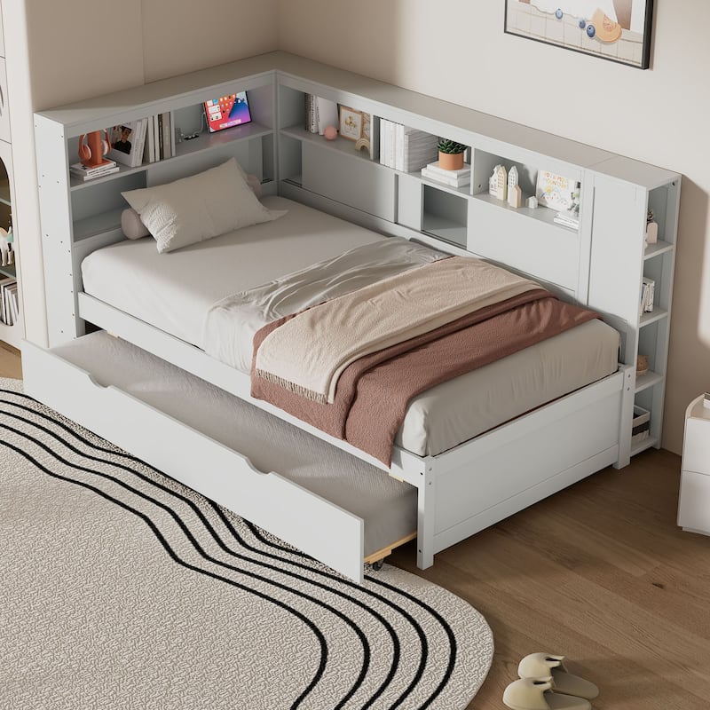 Twin Size Wood Daybed with Storage Shelves and USB - White