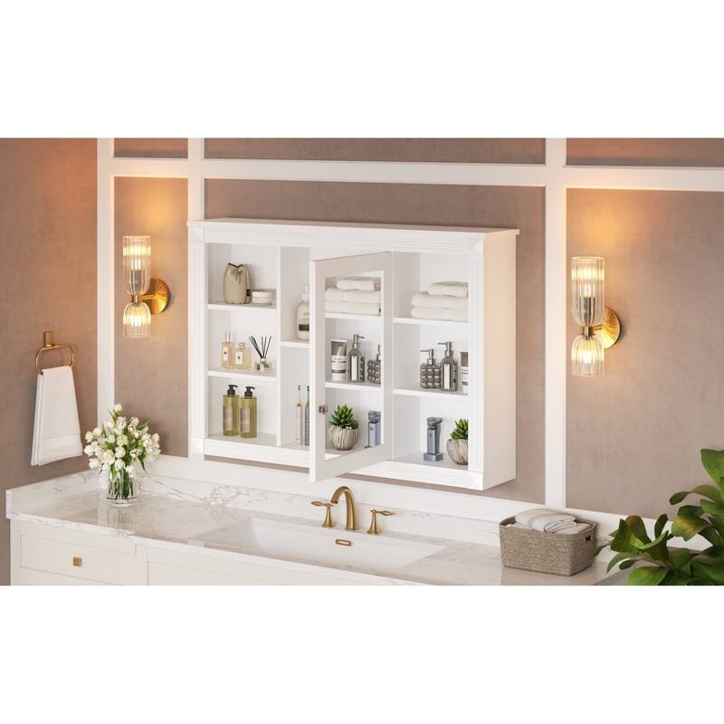 Roomfitters 42 Inch Wall Mounted Medicine Cabinet, Mirror Storage with 6 Open Shelves & Adjustable Interior Shelf, White