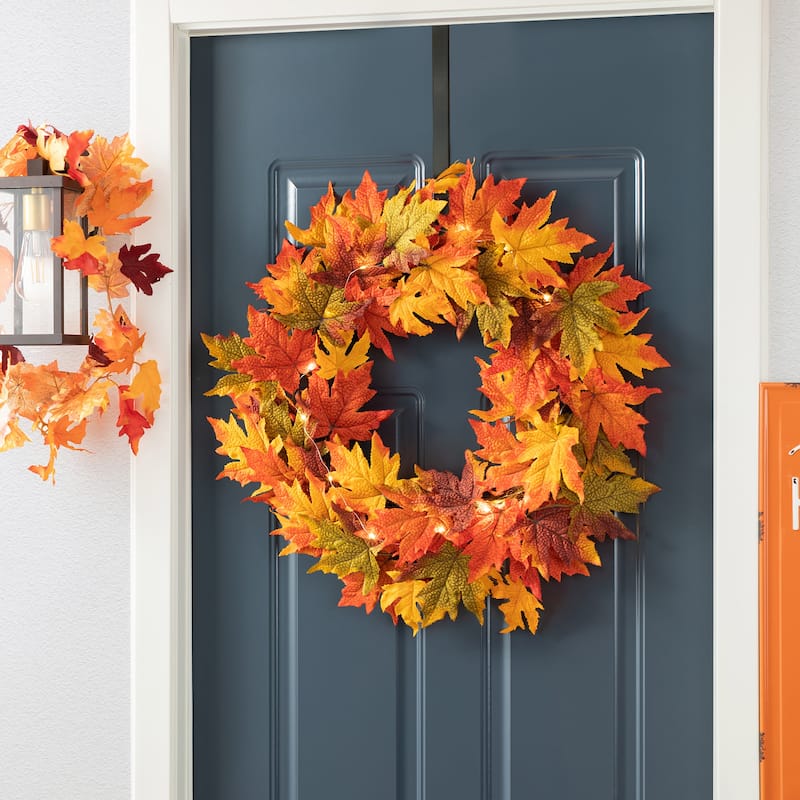 Glitzhome LED Lighted Fall Maple Leaves Wreath/Garland with Timer