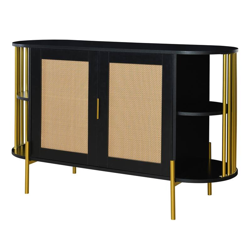 Curved Black Sideboard with Woven Rattan Doors and Open Storage