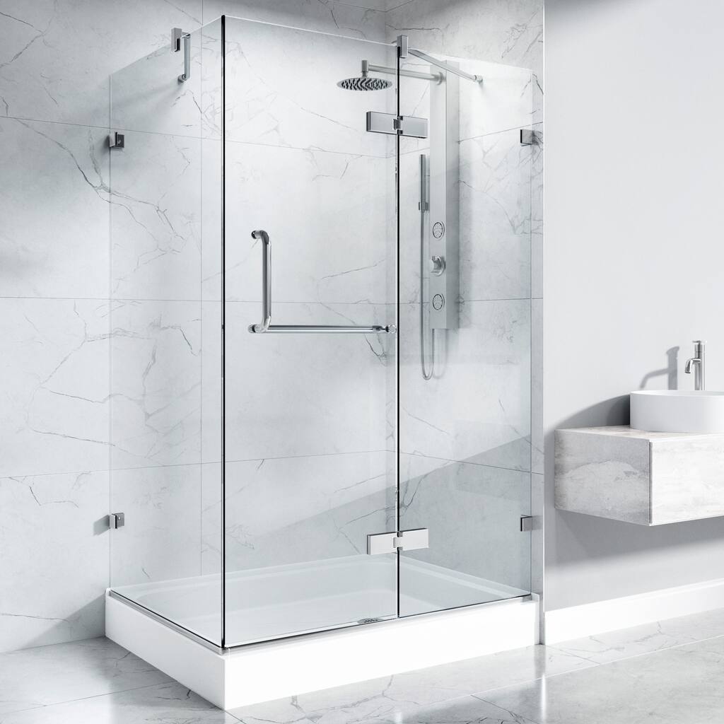 VIGO Monteray 32"D x 48"W x 79"H Frameless Hinged Shower Enclosure and Right Base