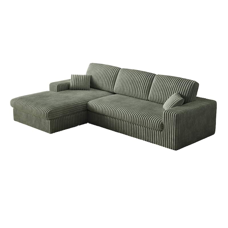 Corduroy Sleeper Sofa Bed L-shaped Sectional Sofa with Chaise, Living Room 2-in-1 Convertible Couch with Detachable Neck Pillows