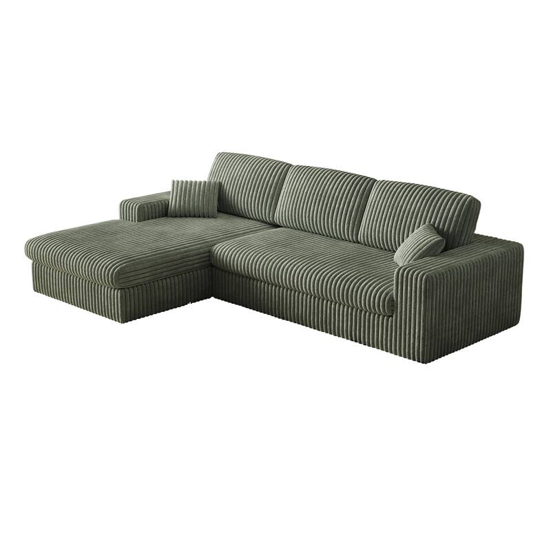 L-Shaped Sectional Sofa with Chaise Lounge, Corduroy Modular Foam Sofa, Upholstered Sofa with 2 Cushion & 2 Throw Pillows