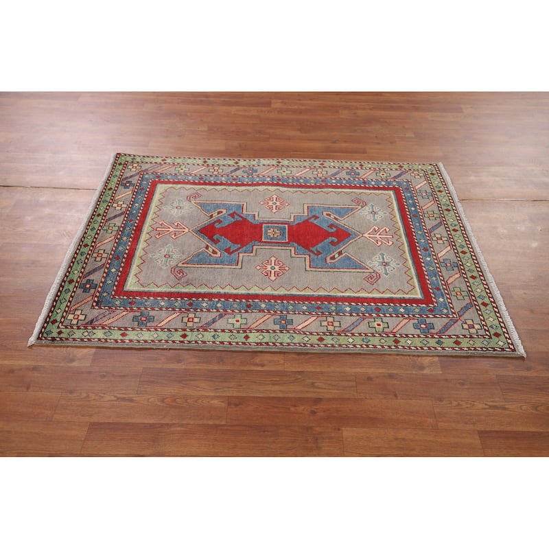 Kazak Foyer Rug Handmade Traditional Grey Wool Carpet - 3'4" x 4'9"