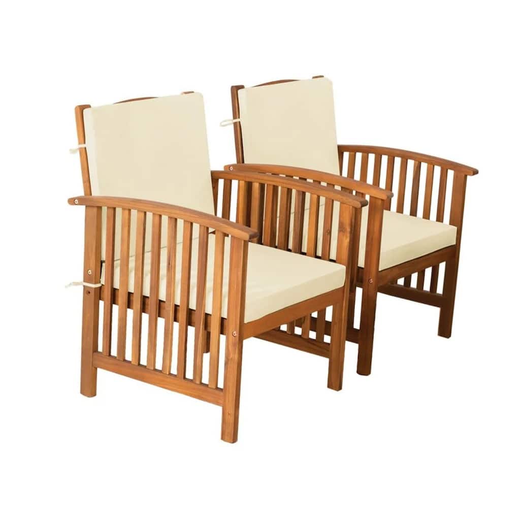 Kaila Outdoor Armchair Set of 2, Beige Cushions, Natural Brown Wood