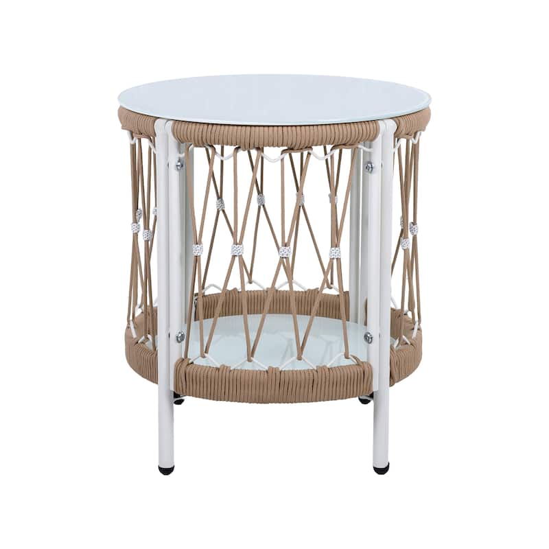 Roomfitters 17.32" Bohemian Outdoor Side Table, Handwoven Rope Patio End Table with Glass Top and Steel Frame, Beige
