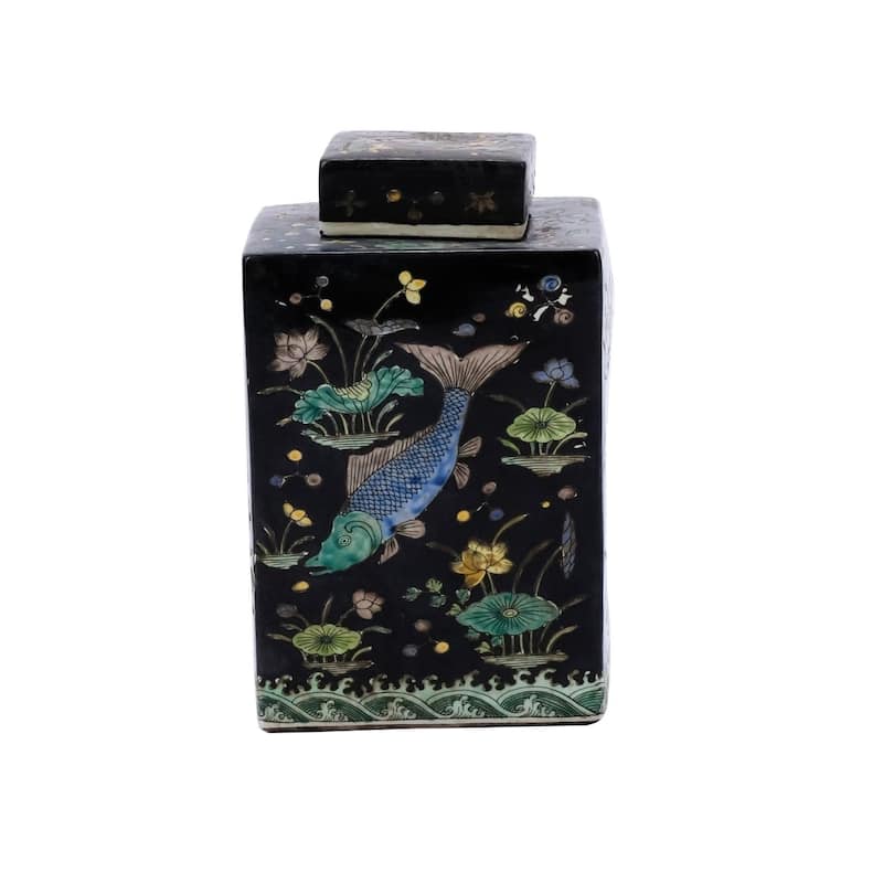 Black Square Tea Jar Fish Motif