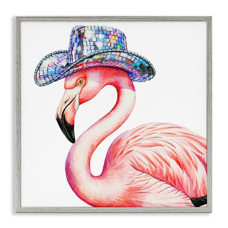 Stupell Disco Hat on Flamingo Framed Giclee Art Design By Amanda Greenwood - 12 x 12 - Grey