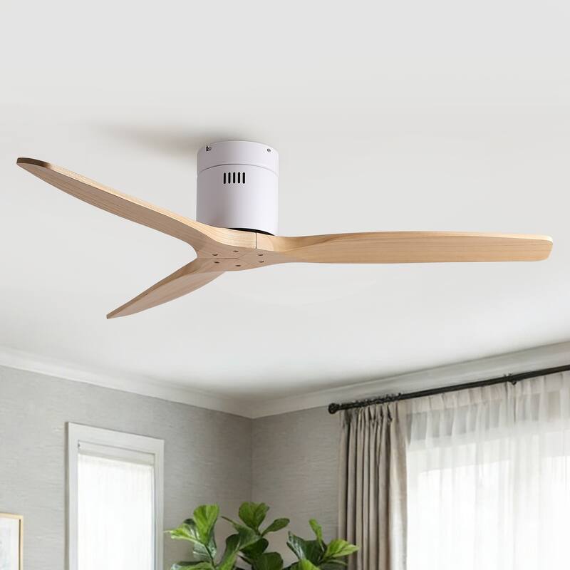 52"Mordern Rustic Elegance Solid Wood Blades Low Profile Flush Mount Ceiling Fan without Light