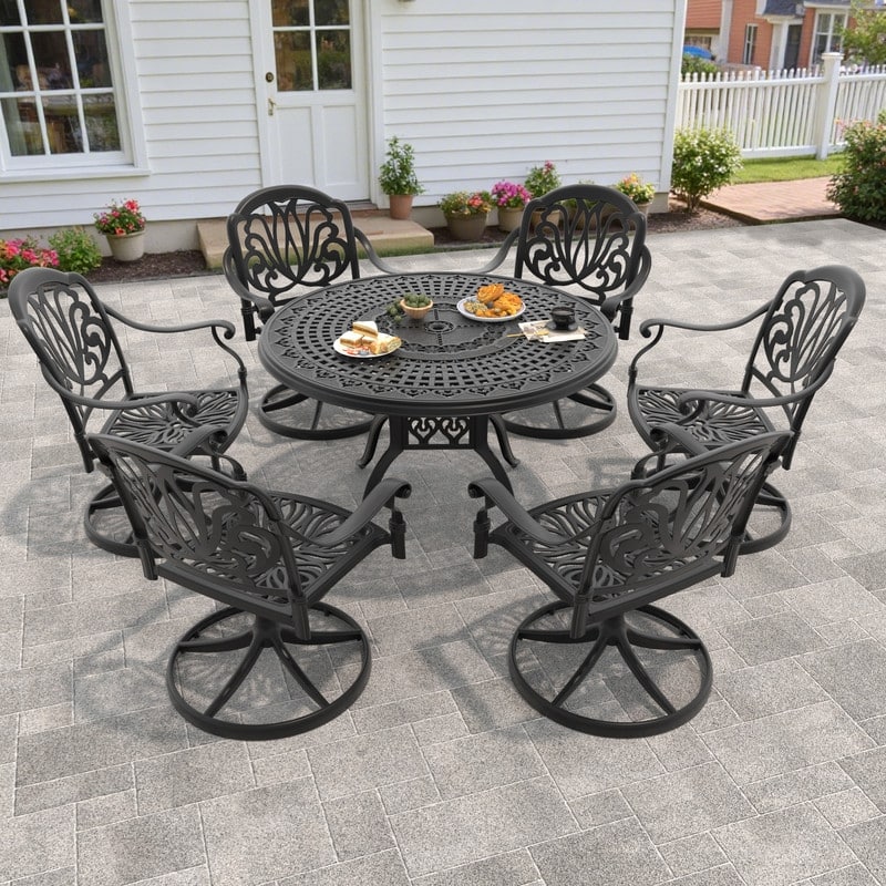7-Piece Aluminum Round Outdoor Patio Dining Set, 6 Cushioned Swivel Chairs, Table, All-Weather Frames