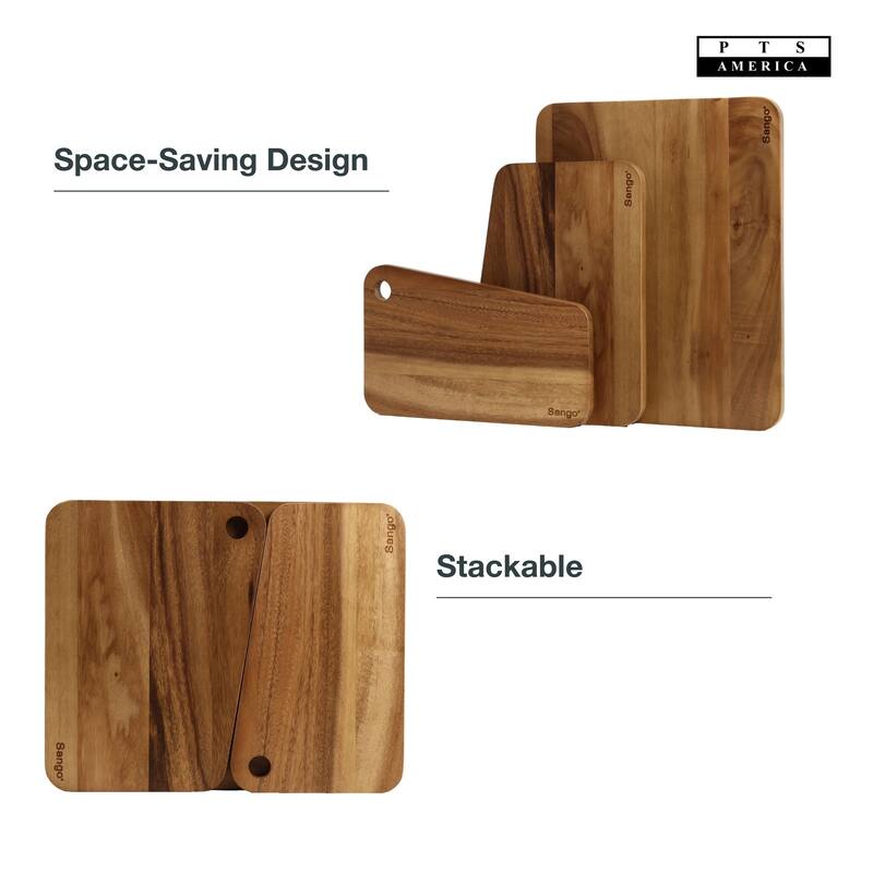 Sango Atelier Acacia Wood 3-Piece Cutting Board Set with Slant Edge & Juice Grooves- Reversible Kitchen Chopping Boards