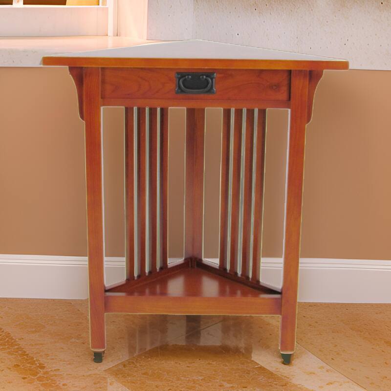 Mission Style Wooden Corner Table with 1 Drawer and Bottom Shelf, Brown