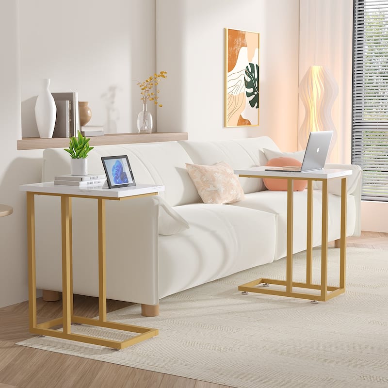 Javlergo C-Shaped Side Table, Small End Table with Metal Frame