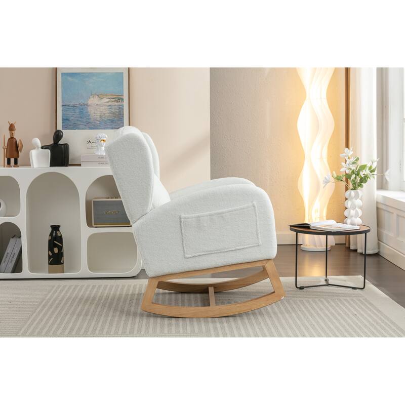 Anmytek Ivory Teddy Fabric Rocking Chair with Wooden Legs - Comfort Accent Rocker