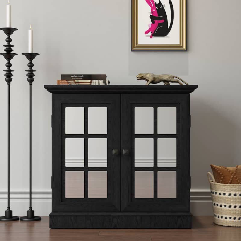 Storage sideboard cabinet with 2 decorative acrylic mirrored doors, adjustable shelf for dining room, living room - Black