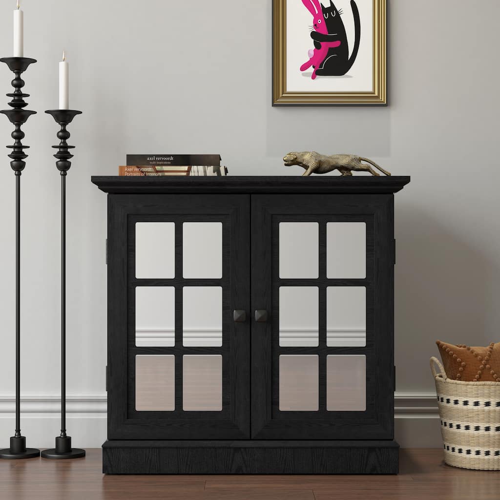 Storage sideboard cabinet with 2 decorative acrylic mirrored doors, adjustable shelf for dining room, living room