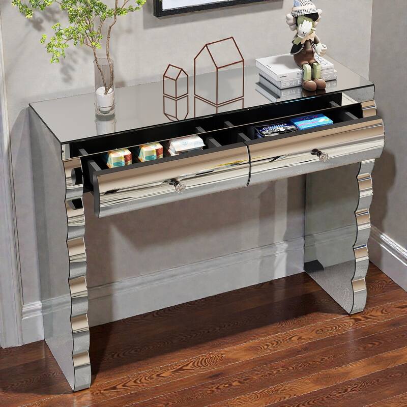 Silver Mirrored Console Table with Curved Mirror Front & 2 Drawers, Modern Dressing Table for Hallway & Living Room