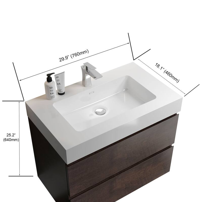 Modern 30" Alice Floating Bathroom Vanity with Rosewood Finish, Handle-Free Design, Silent Soft-Closing Drawers