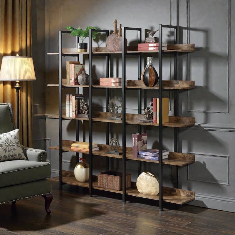 5 Tier Industrial Bookcase, Open Home Office Bookshelf with Metal Frame and MDF Shelves, Vintage Style