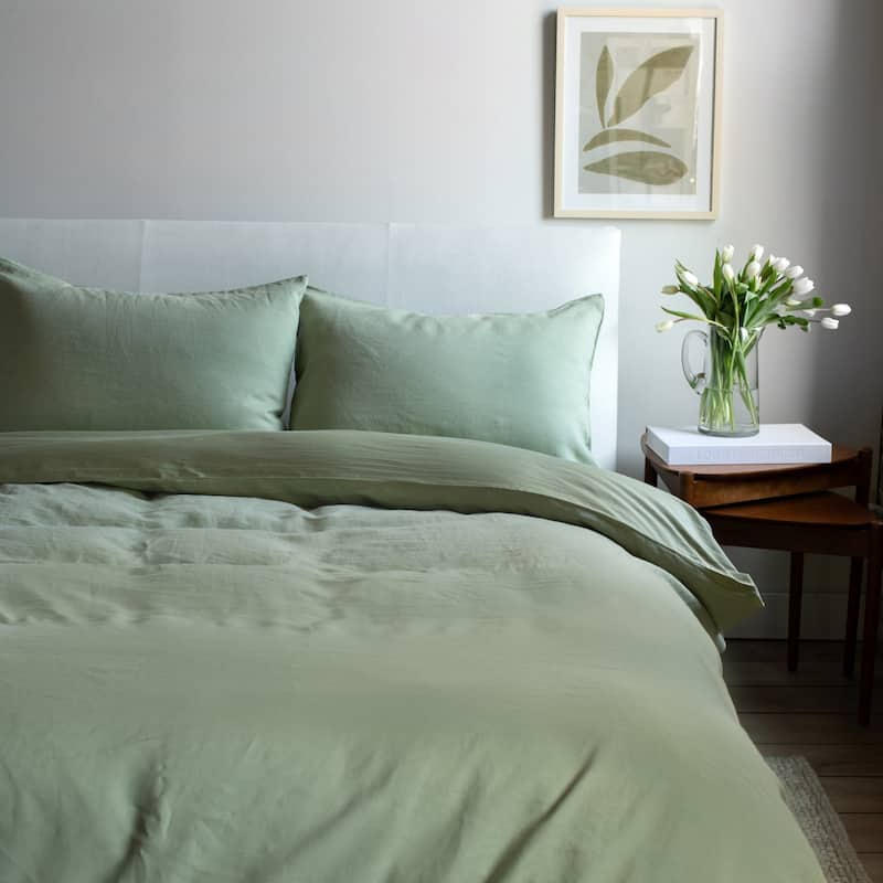 French Linen and Cotton Duvet Cover & Sham Set by BOKSER HOME - Matcha - King - 3 Piece