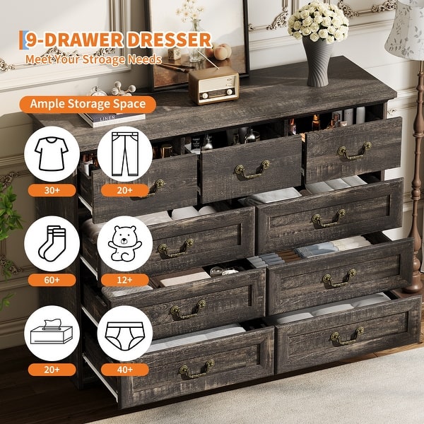 9-Drawer Dresser for Bedroom, 47" Wide Dressers Wood Vintage Chest of Drawers with Natural Texture and Vintage Gold - Black
