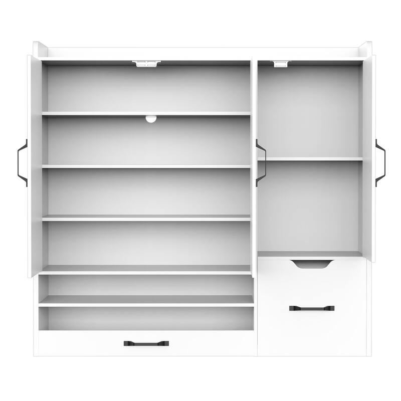 Shoe Cabinet with Adjustable Shelves, Stool & Retractable Toe-Kick Drawer, Freestanding Narrow Shoe Rack Organizer