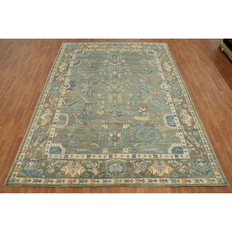 Handmade Gray Oushak Vegetable Dye Area Rug, Floral Geometric Carpet - 11' 10'' X 9' 2''
