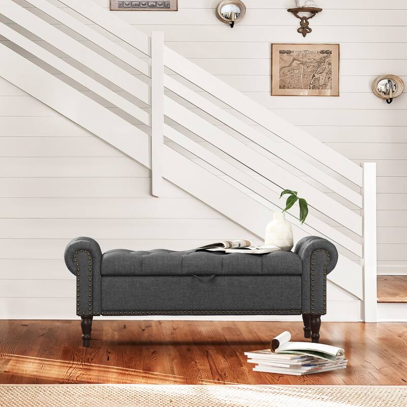 Modern Velvet Upholstered Storage Bench with Silver Nailhead Trim