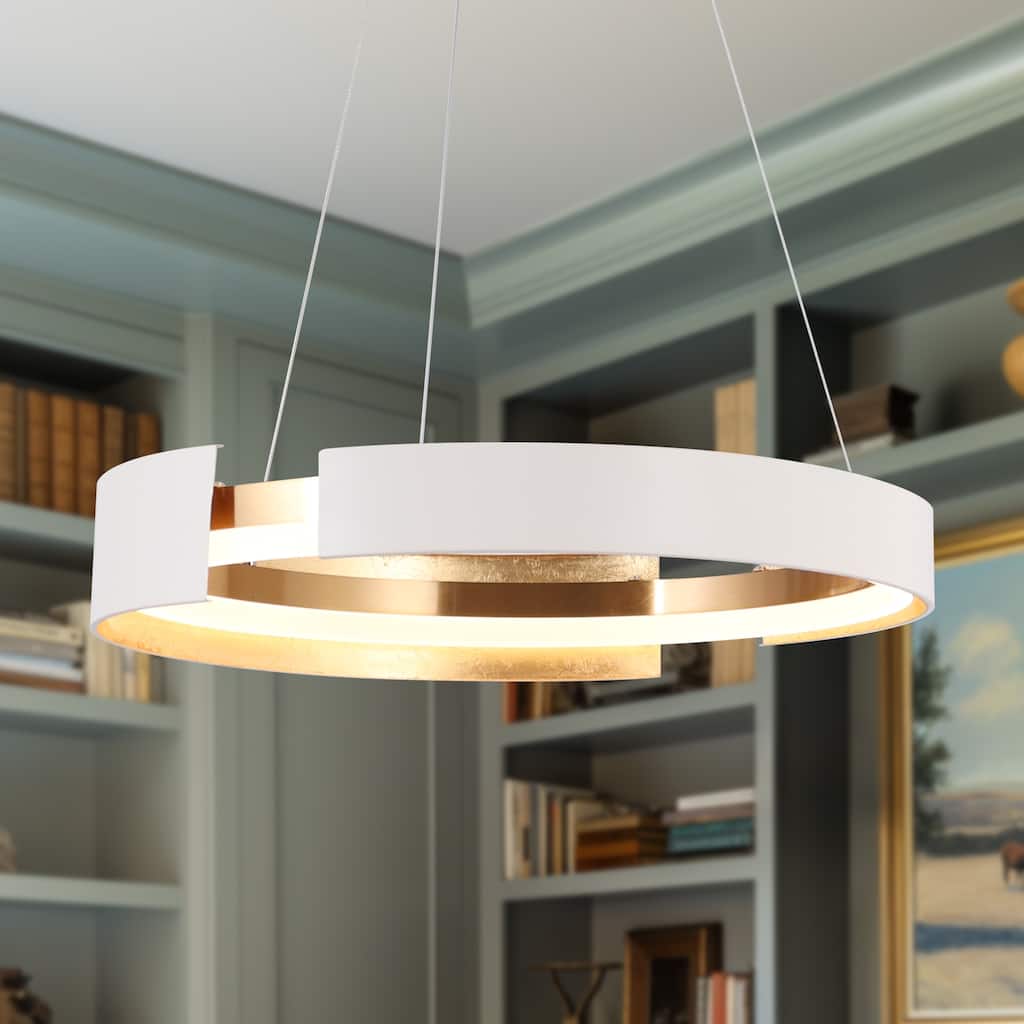 Modern 1-Light White Gold Round LED Wheel Chandelier Metal Pendant Lights for Dining Room - 20.5 " × 3.5 "