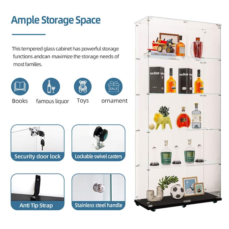 Tall Tempered Glass Storage Cabinet with Remote App LED Strip, Locking Door, Easy-Move Casters, Wine & File Display Case