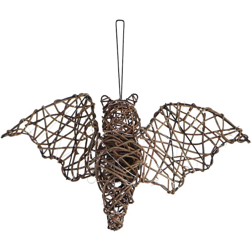 Haunted Hill Farm Set of 3 Battery-Operated Rattan Bats with Hanging Loops, Purple Lights, and Timer