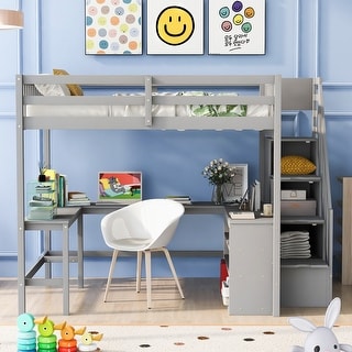 Full Size Loft Bed with Built-in L-Shaped Desk, Storage Shelves, and Storage Staircase