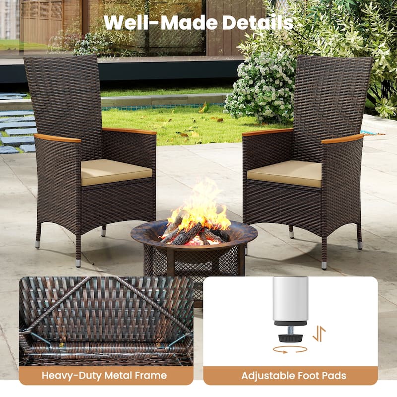 Gymax 7PCS Patio Wicker Armchairs Acacia Wood Table w/Umbrella Hole