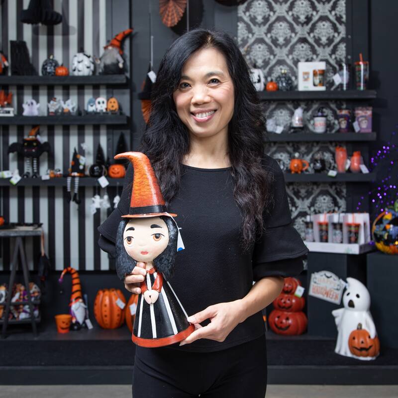 Metal Witch Statuary With Orange Hat