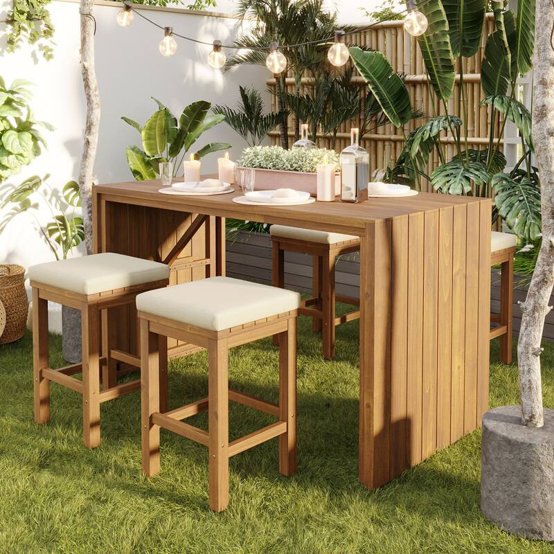 5 Piece Outdoor Bar Set, Patio Acacia Wood Bar Height Table,Four Stools with Cushions - N/A - Brown